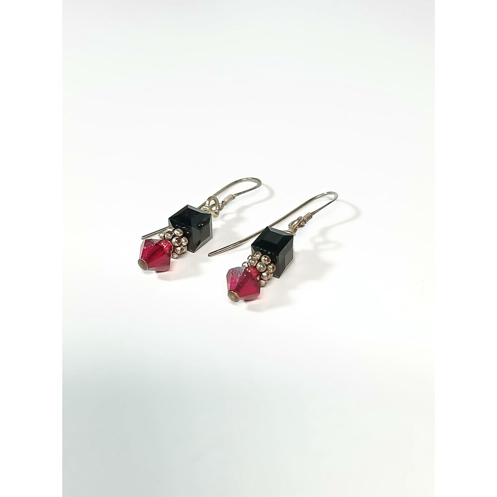Sterling Silver Black Red Crystal Bead Dangle Earrings - Picture 8 of 16